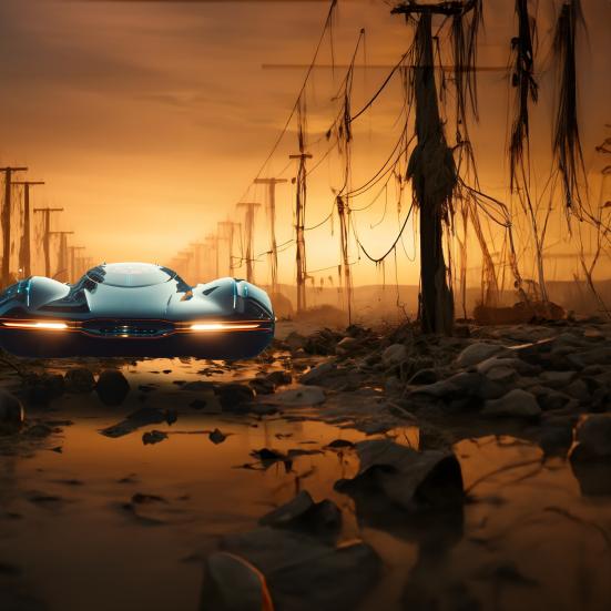 En futuristisk bil svæver med tændte lygter i et ødelagt bylandskab med forfaldne lygtepæle på hver sin side af bilen.