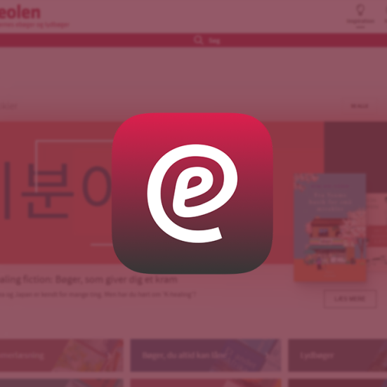 eReolens logo lagt oven på et screenshot fra eReolen.dk