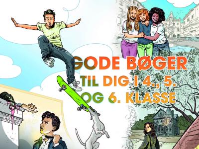 Forsidebillede af litteraturfolderen "gode bøger til dig i 4., 5. og 6. klasse. Tegnet streg.