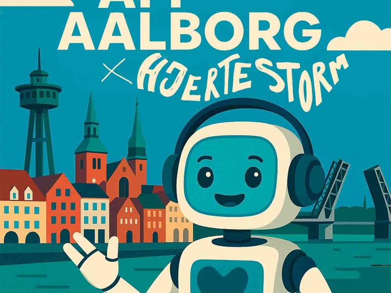 Illustration af robot med Aalborg i baggrunden. AI genereret