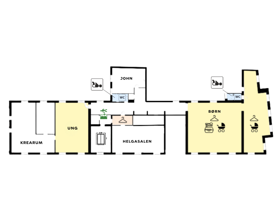 Plantegning over bibliotekets 1. sal med markering af områderne Krearum, Ung, Helgasalen, John og Børn samt placering af garderobe, toiletter med puslefaciliteter, barnevognsparkering, spiseområde, elevator og bibliotekets udgang.
