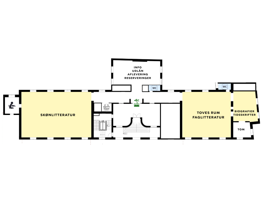 Plantegning over bibliotekets stueetage med markering af områderne Skønlitteratur, informations- og udlånsområdet, Toves Rum (Faglitteratur), Biografier og Tidsskrifter, lokalet Tom samt placering af studierum, toiletter, elevator, printer og bibliotekets udgang.