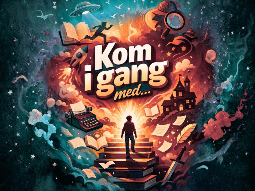 AI-grafik til artikelserie - skikkelse går op ad trappe og rundtom er forskellige symboler, fx en skrivemaksine, en lup, en ufo