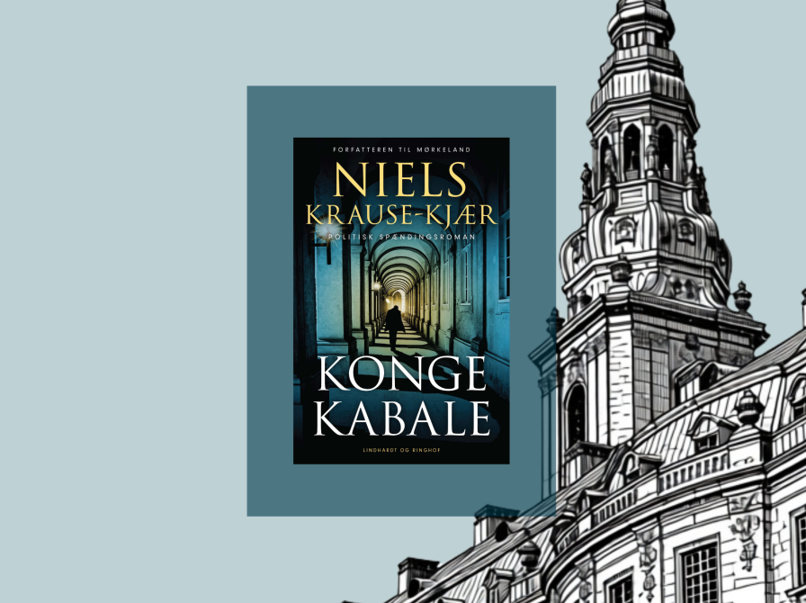 Forside af den politiske spændingsroman Kongekabale med stregtegning af Christiansborg i baggrunden.