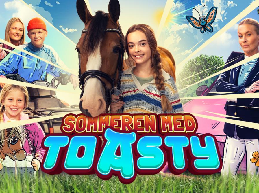 Filmbilleder fra Toasty med sommerbaggrund, børn og hest i fokus.