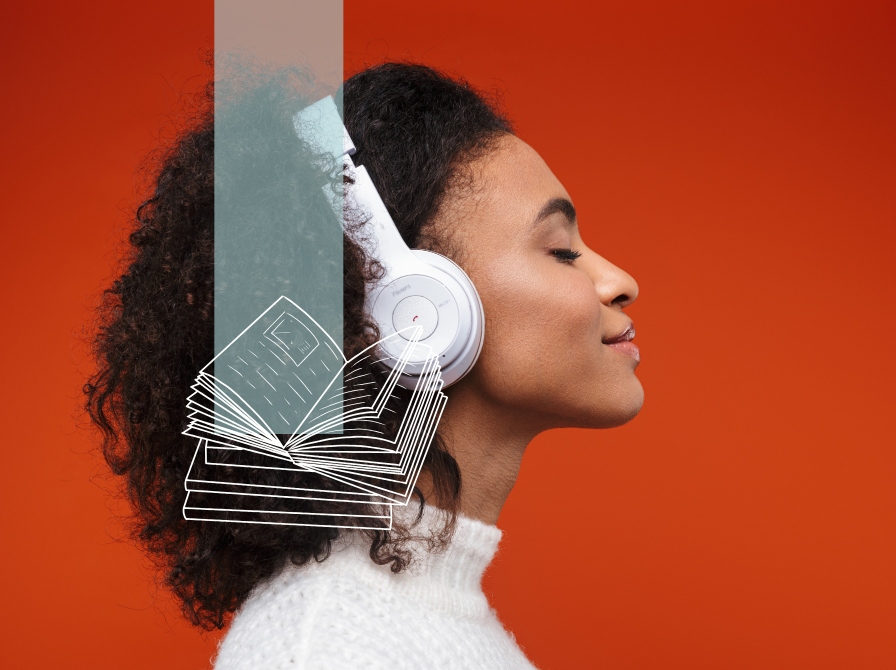 Billede af en kvinde med headset og en bog